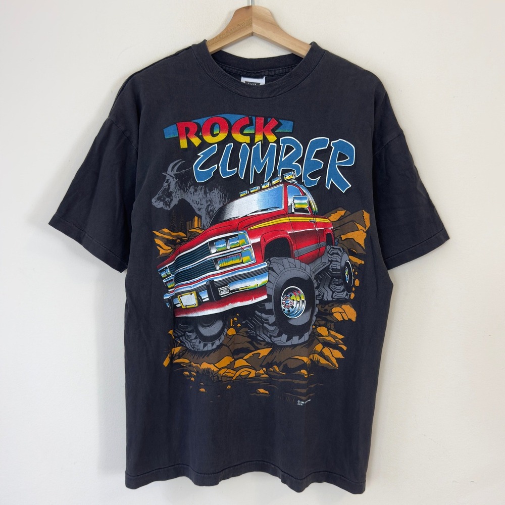Vintage 90's Monster Truck Rock Climber Art Single Stitch Black Tee Shirt Large